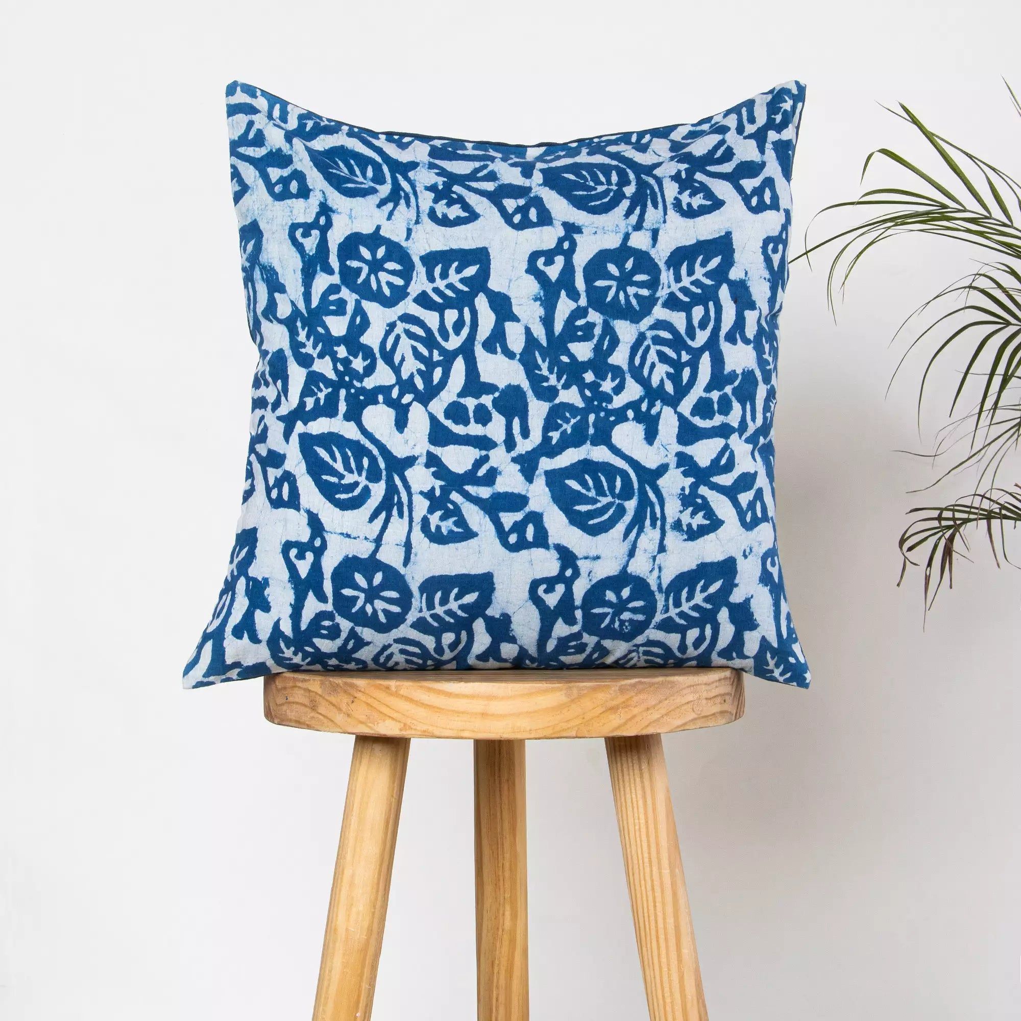 Hand Block Indigo Leaf Printed Pure Cotton Soft Cushion Cover